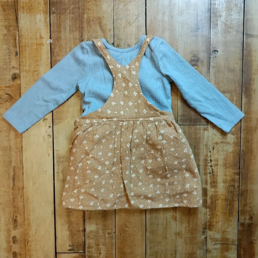 Mabel + Honey outfit 2T jumper dress long sleeve shirt blue neutral boho tan